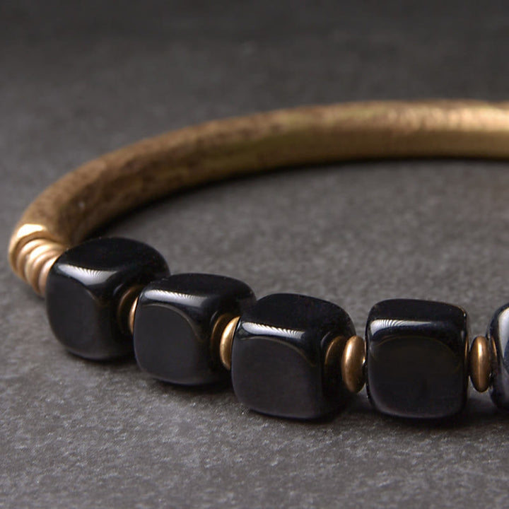 Pulsera de pareja de fuerza de cobre y cristal de obsidiana negra con Buddha Stones - image 3