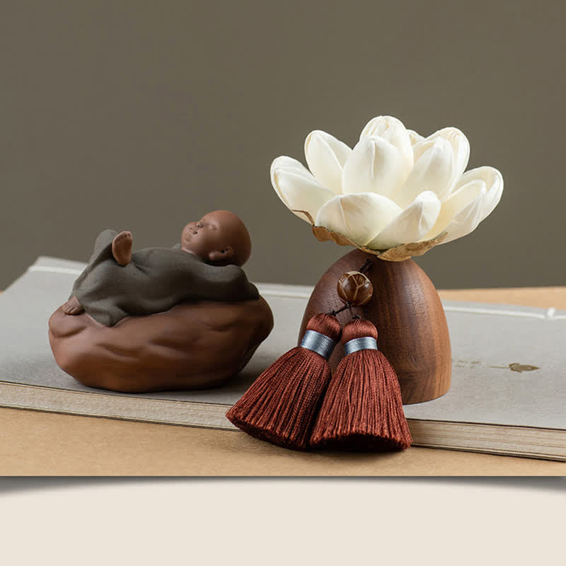 Decoraciones de cura calmante de flor de Buda de madera de melocotón negro - Pequeño monje - image 12