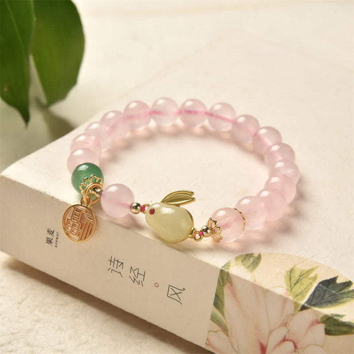 Año del Conejo Pulsera de Felicidad Amor Conejito Ágata Verde Cristal Rosa Natural