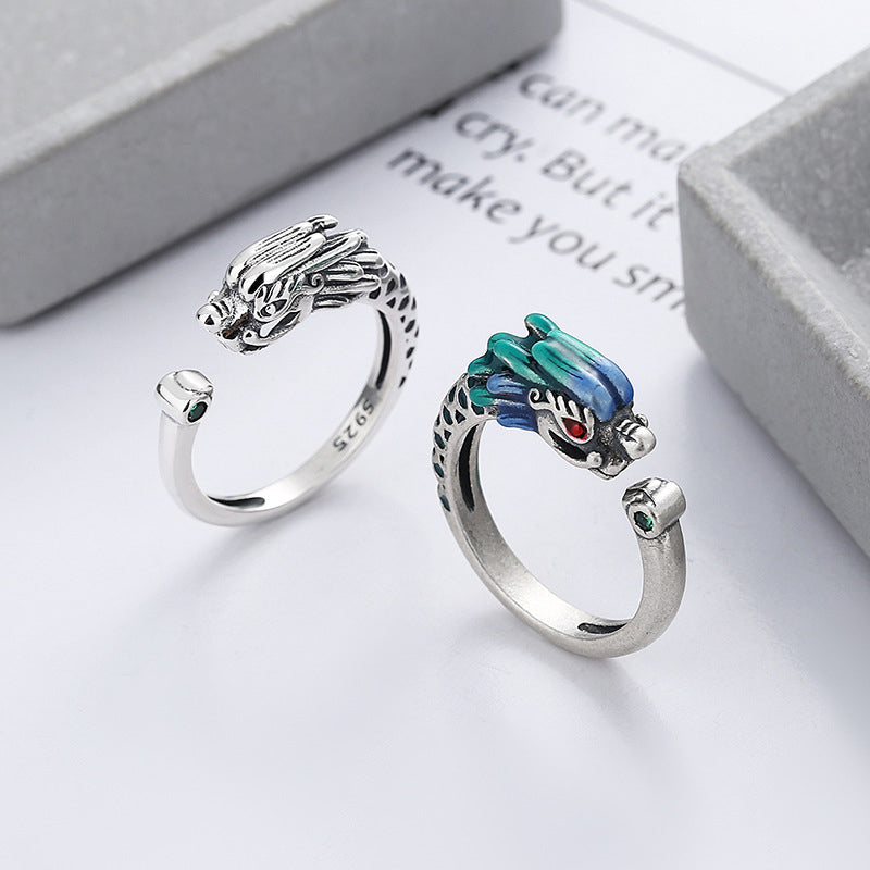 Anillo de metal ajustable con protección de la suerte del Año del Dragón de plata de ley 925 con Buddha Stones