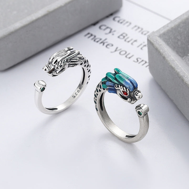 Anillo de metal ajustable con protección de la suerte del Año del Dragón de plata de ley 925 con Buddha Stones