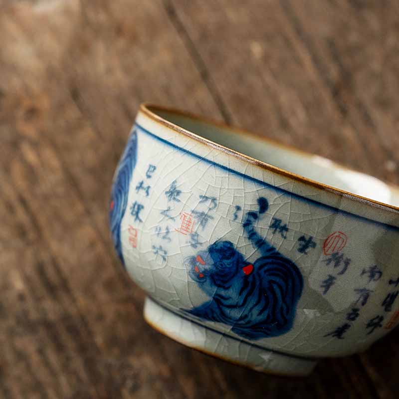 Buddha Stones Jingdezhen pintado a mano lindo tigre taza de té de cerámica Kung Fu taza de té tazón 140ml