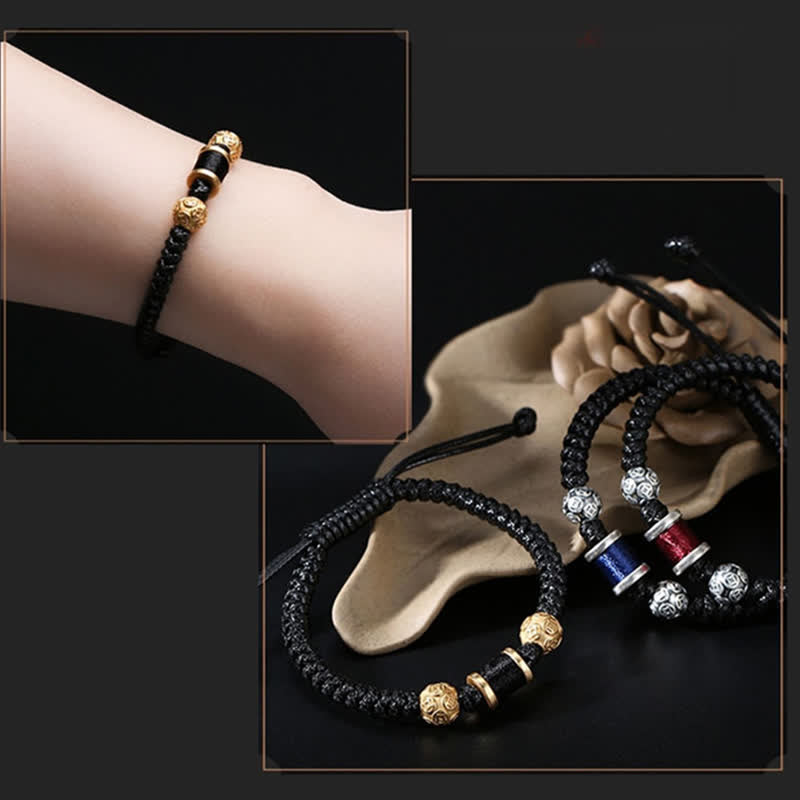Pulsera de hilo trenzado con cuentas de moneda de cobre y plata de ley 999 con Buddha Stones