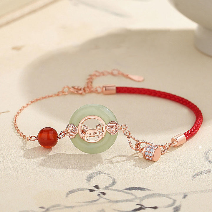 ❗❗❗Una venta flash: Buddha Stones, año del dragón, plata de ley 925, hebilla de paz de jade hetiano, pulsera de la suerte con personaje de dragón riendo Fu