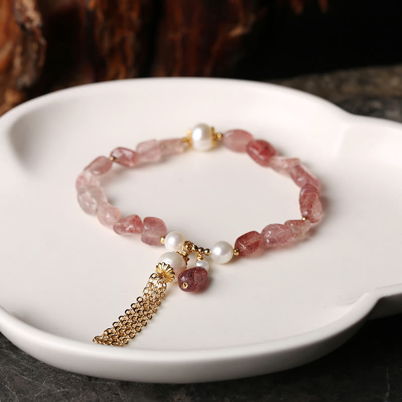 Pulsera curativa de amor chapada en oro de 14 quilates con perlas de cuarzo fresa natural