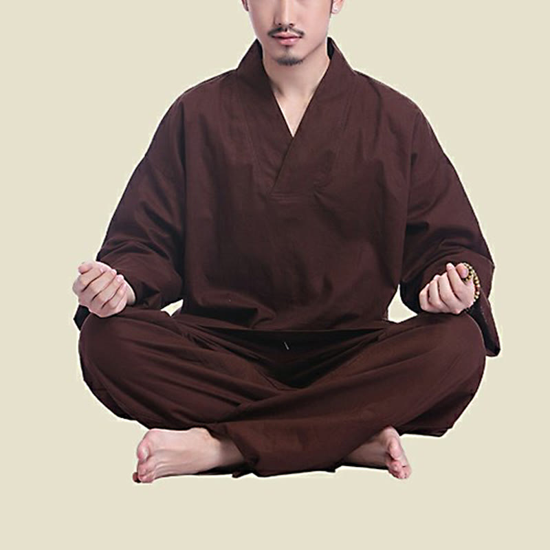 Conjunto de ropa de yoga para hombre con cuello en V, diseño de algodón y lino con Buddha Stones para meditación y oración - image 1