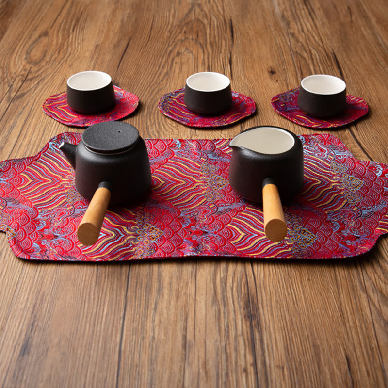 Tapete para taza con bordado de brocado de flor de ciruelo de bambú, posavasos para taza de té, Buddha Stones, ola de mar, tapete para té Kung Fu