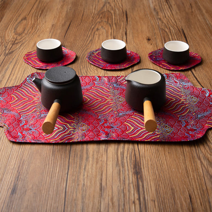 Tapete para taza con bordado de brocado de flor de ciruelo de bambú, posavasos para taza de té, Buddha Stones, ola de mar, tapete para té Kung Fu