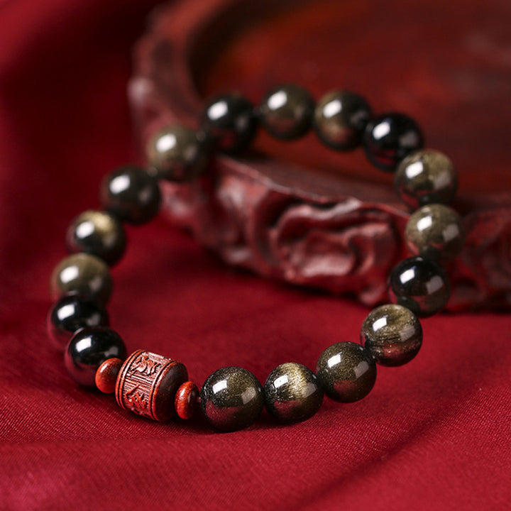 Pulsera curativa con carácter de obsidiana arcoíris de obsidiana con brillo de oro natural con Buddha Stones Om Mani Padme Hum Fu