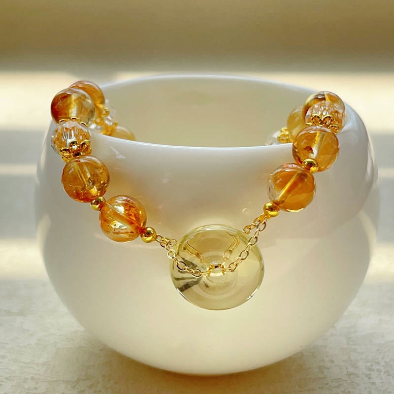 Pulsera de prosperidad de cristal citrino con hebilla de paz y Buddha Stones