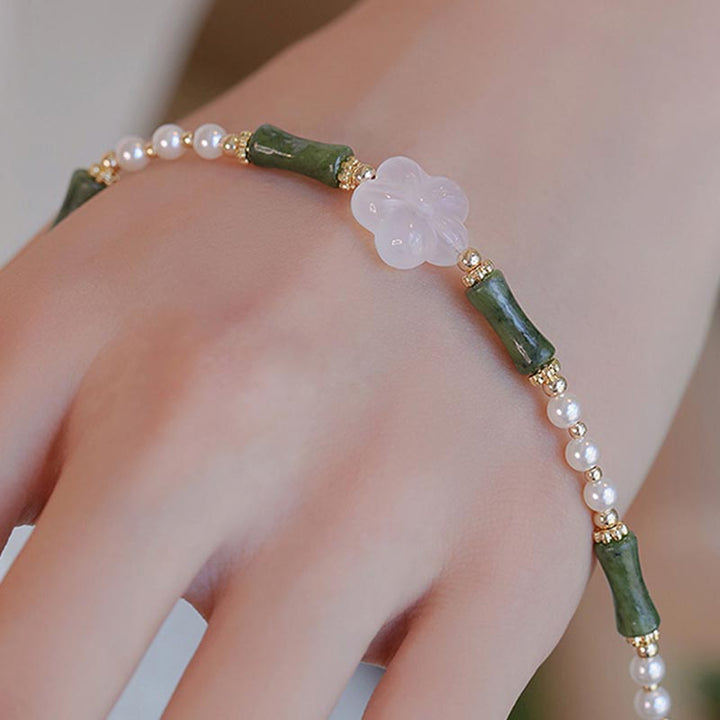 Pulsera de la paz con perlas y ágata, flor de bambú, peridoto y Buddha Stones