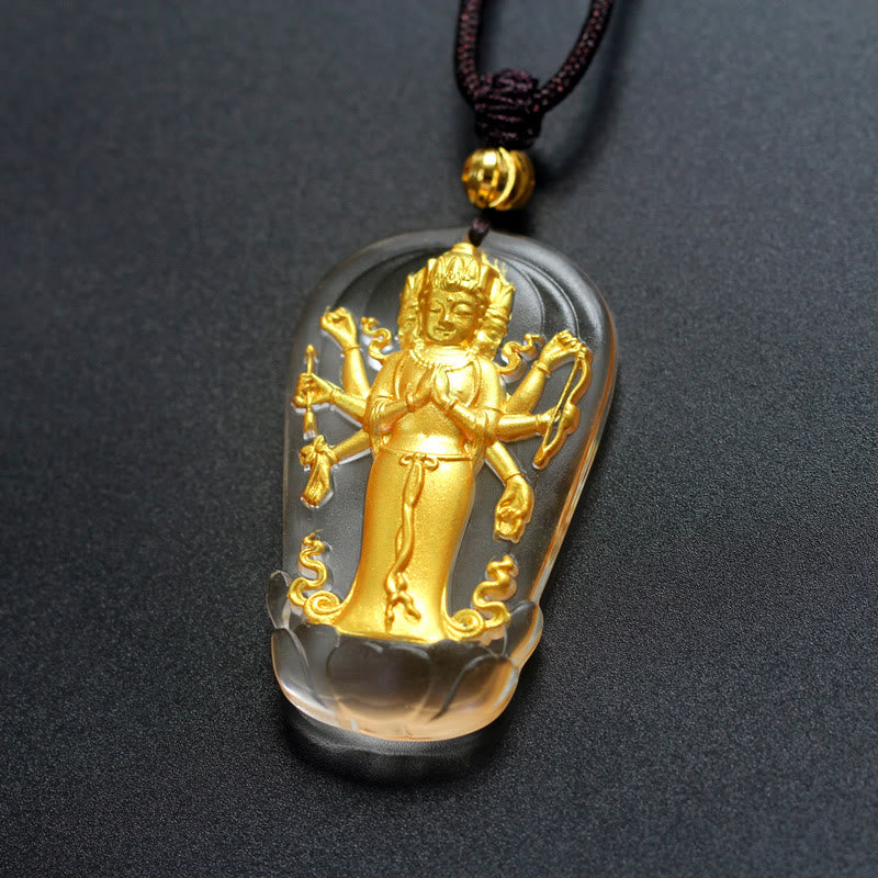 Buddha Stones tibetano de ocho brazos Avalokitesvara Guanyin Buda chapado en oro Liuli cristal colgante de collar de riqueza