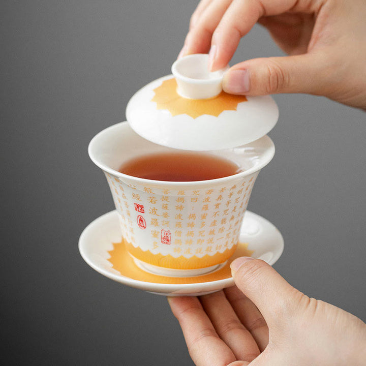 Taza de té y platillo con tapa, taza de té de cerámica Gaiwan, Sutra de corazón budista con Buddha Stones, pequeño personaje Fu