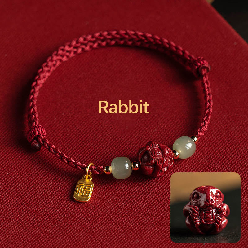 Pulsera de cuerda de la suerte con carácter de Jade Hetian del zodíaco chino cinabrio Natural de Buddha Stones - Conejo (circunferencia de muñeca 14-18 cm) - image 3