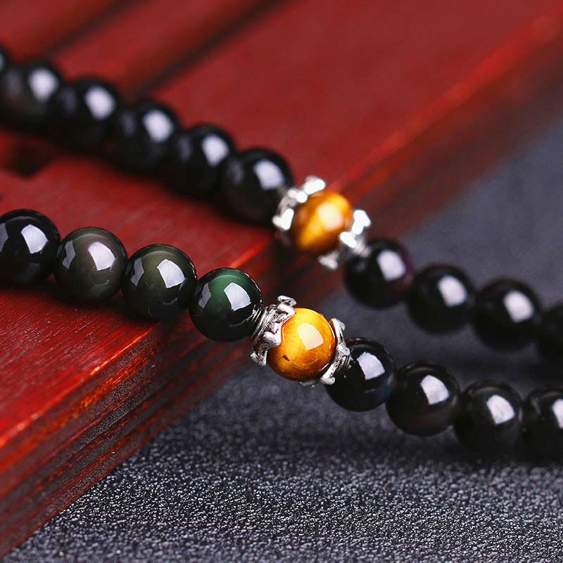 Pulsera de Mala de la fortuna con ojo de tigre de obsidiana negra con 108 cuentas del zodiaco chino