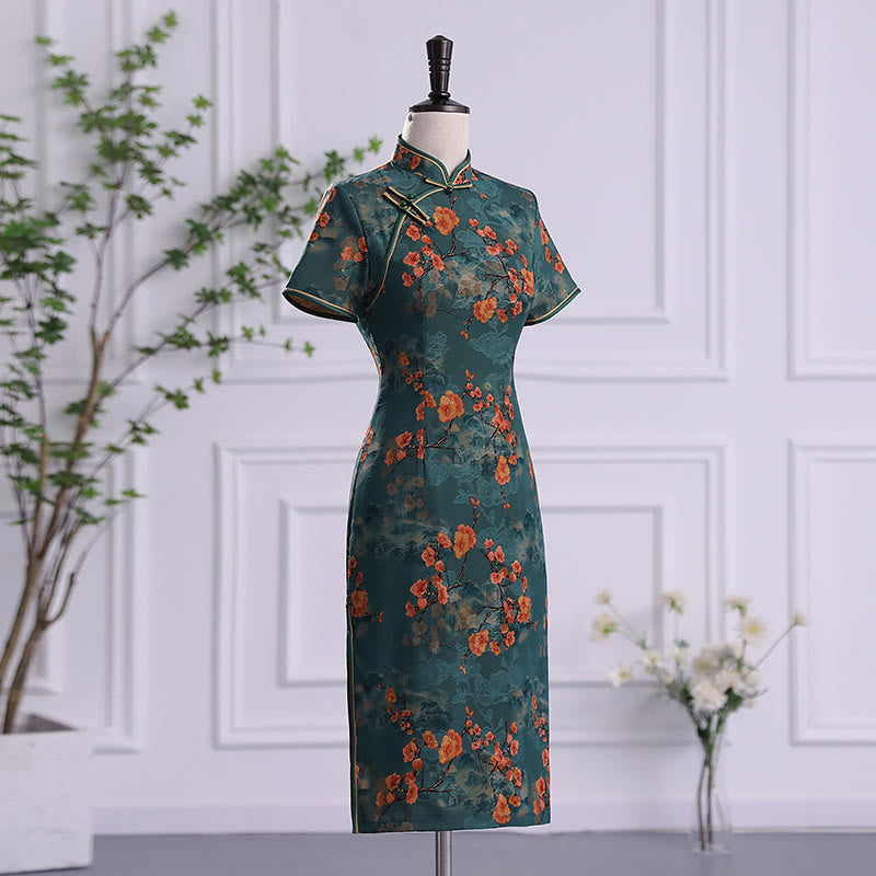 Vestido Cheongsam para mujer con estampado de plumas de peonía y flor de loto Retro con Buddha Stones - image 1