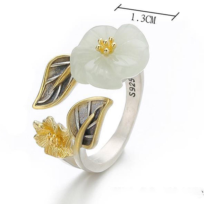 Anillo de la suerte de la hoja de la flor del ciruelo del jade blanco del cobre plateado 925 de las Buddha Stones