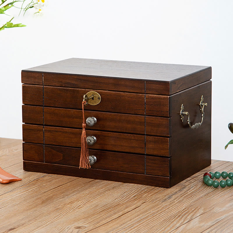 Caja de joyería de madera maciza retro con Buddha Stones, caja de almacenamiento de joyería de madera de cuatro capas