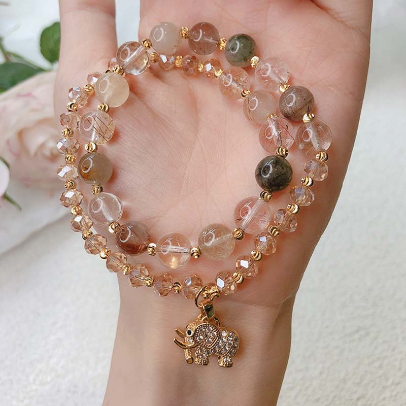 Pulsera con dijes de energía curativa de elefante de cuarzo rosa con Buddha Stones