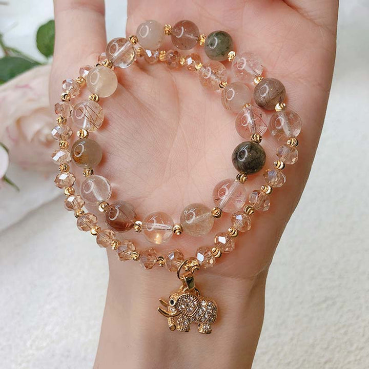 Pulsera con dijes de energía curativa de elefante de cuarzo rosa con Buddha Stones