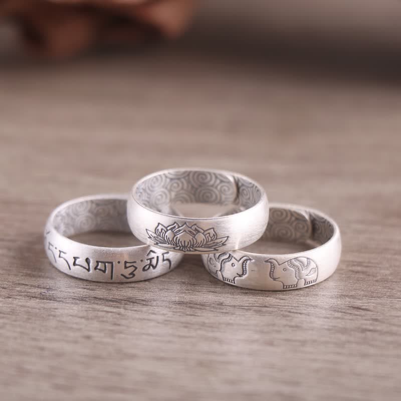 Anillo de bendición de seis palabras verdaderas con elefante de loto de plata de ley 999 con Buddha Stones