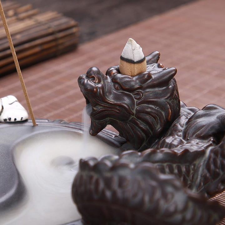 Fuente de humo de reflujo de dragón tigre, decoración de quemador de incienso de bendición Yin Yang de cerámica