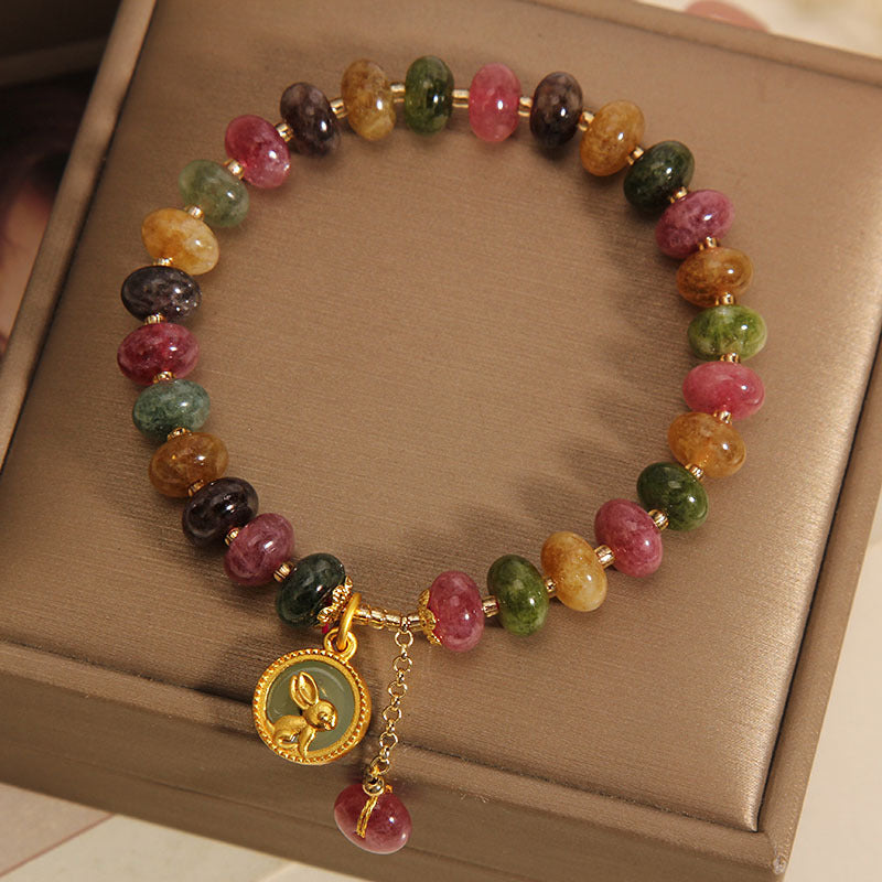 Pulsera positiva con dije de conejo lindo de turmalina colorida natural con Buddha Stones
