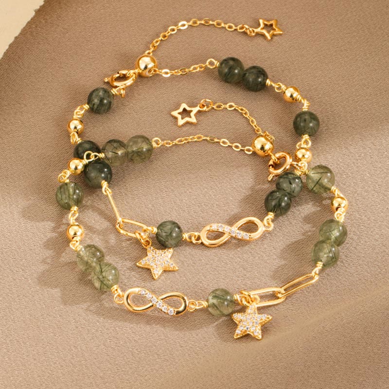 Pulsera de protección de estrella de amor eterno con lazo de Möbius de cuarzo rutilado verde de oro de 14 quilates con Buddha Stones