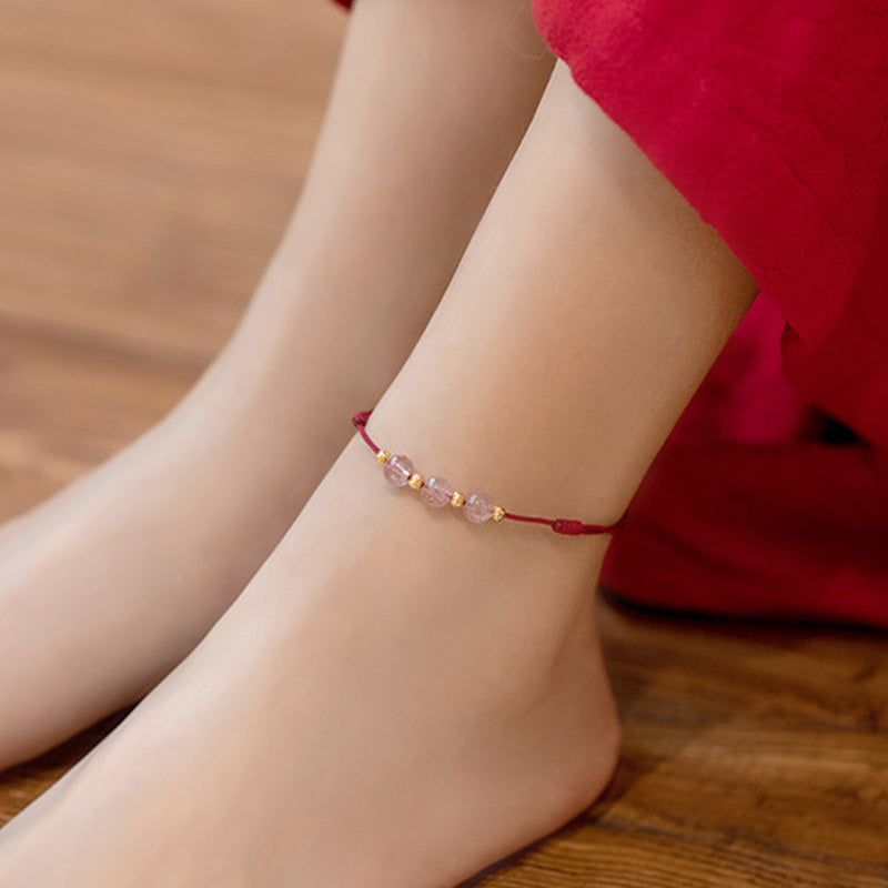 Tobillera con hilo rojo de la suerte con cuentas de cristal de fresa y piedras de Buddha Stones