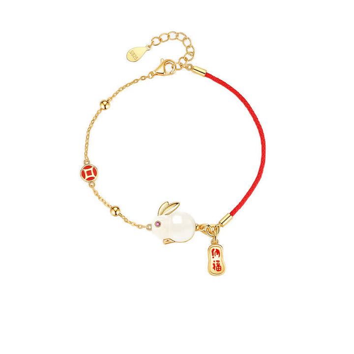 Buddha Stones Año del Conejo Jade Blanco Felicidad Pulsera de Cadena de Hilo Rojo