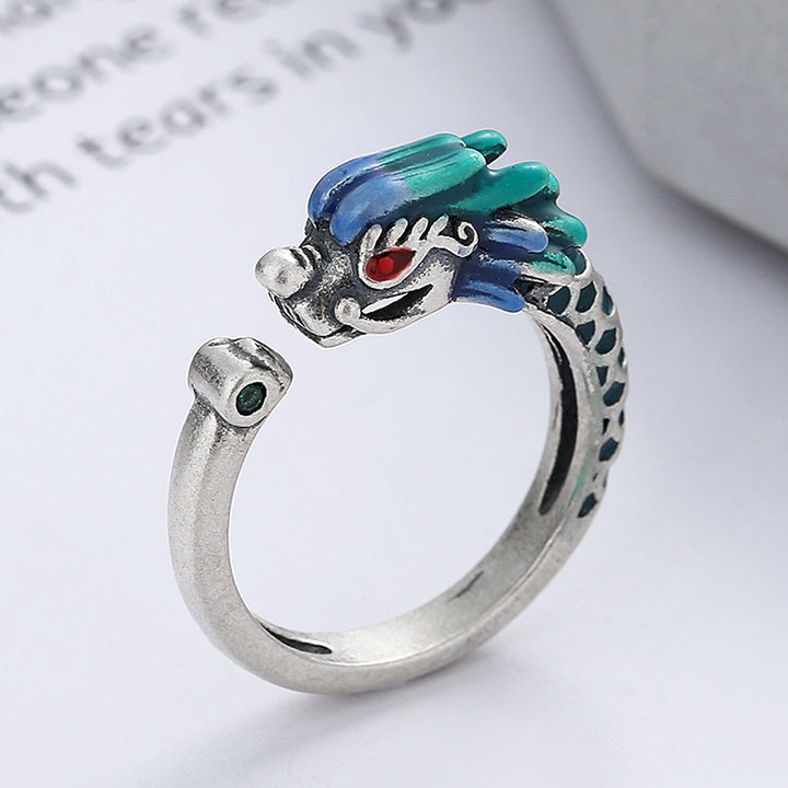 Anillo de metal ajustable con protección de la suerte del Año del Dragón de plata de ley 925 con Buddha Stones