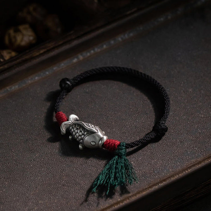 Pulsera trenzada de pez koi de la suerte de plata de ley 925 con Buddha Stones