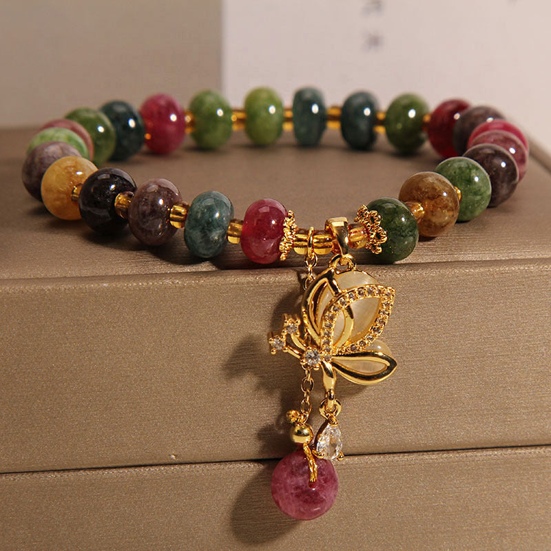 Pulsera de sabiduría con dije de mariposa y turmalina colorida con Buddha Stones