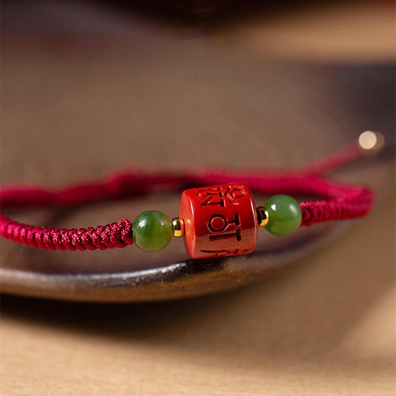 Pulsera de cuerda trenzada con Buddha Stones Tibetam cinabrio Om Mani Padme Hum grabada bendición