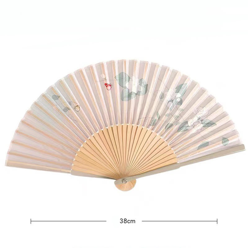 Abanico plegable de bambú de seda de mano con Buddha Stones , loto, flor de Begonia, jazmín, 21cm