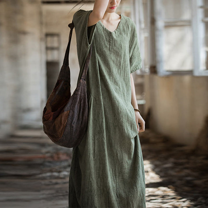 Vestido midi con cuello en V y teñido anudado hecho a mano con Buddha Stones Vestido de manga corta de lino