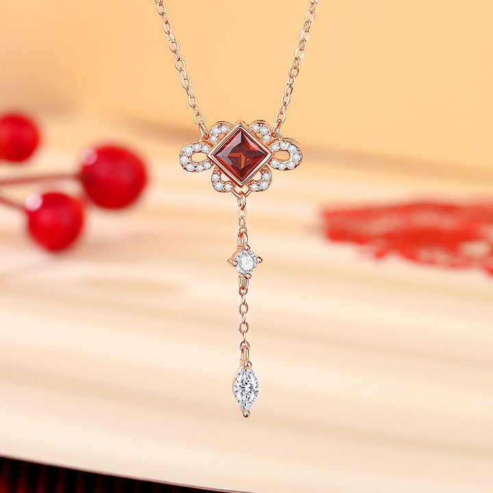 Juego de pendientes y pulsera con colgante de circonita roja, Plata de Ley 925 con Buddha Stones , anudado chino