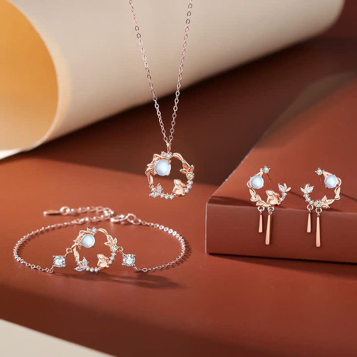 Plata de Ley 925 Año del Conejo Piedra Lunar Patrón de Flor Luna Collar Colgante Pulsera Pendientes - image 3