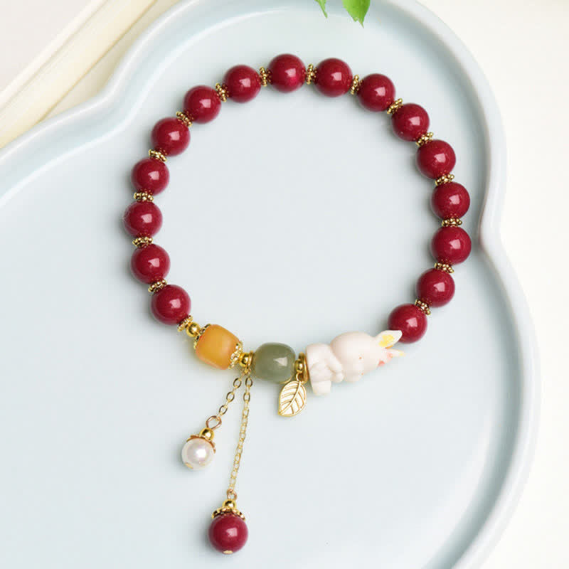 Año del Conejo Cinabrio Hetian Jade Bunny Pulsera de bendición con cuentas