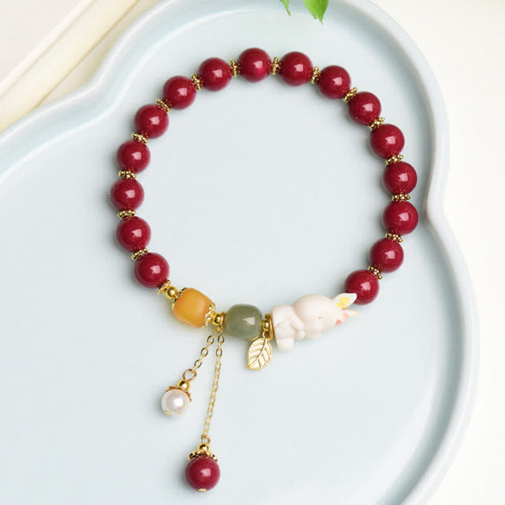 Año del Conejo Cinabrio Hetian Jade Bunny Pulsera de bendición con cuentas
