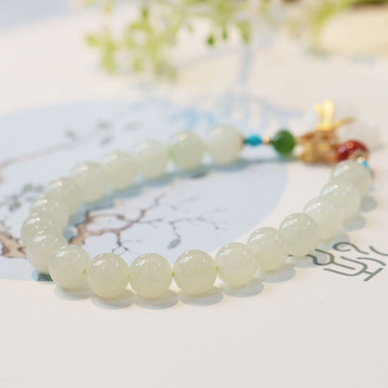 Pulsera de bendición para bolsa de dinero chapada en oro de 14 quilates con jade blanco hetiano natural con Buddha Stones