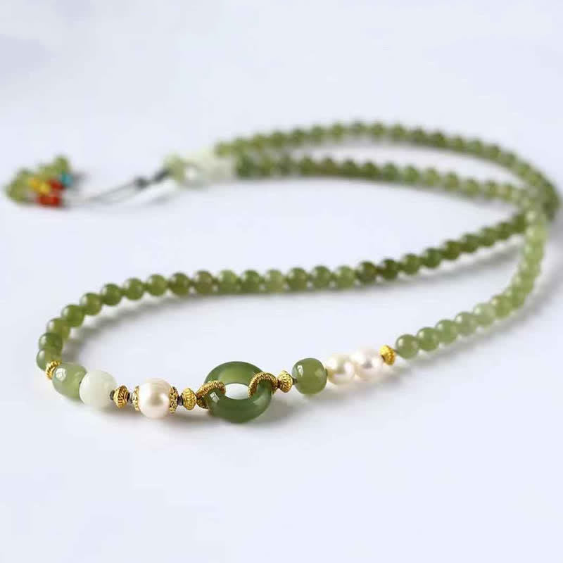 Hetian Jade Pearl Paz Hebilla Suerte Riqueza Pulsera de Hilo
