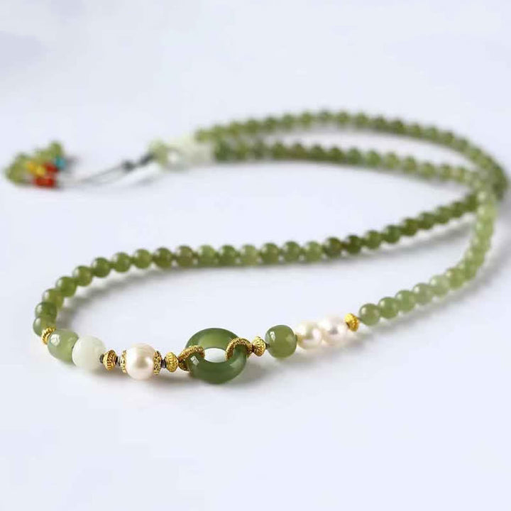 Hetian Jade Pearl Paz Hebilla Suerte Riqueza Pulsera de Hilo