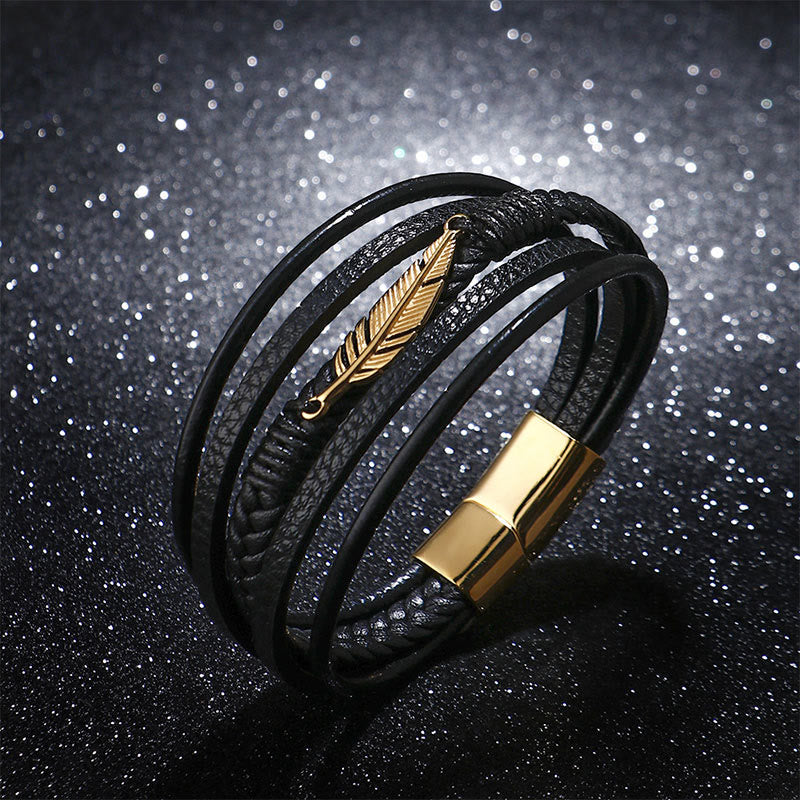 Pulsera con hebilla magnética trenzada de acero titanio y cuero multicapa con diseño de plumas de Buddha Stones