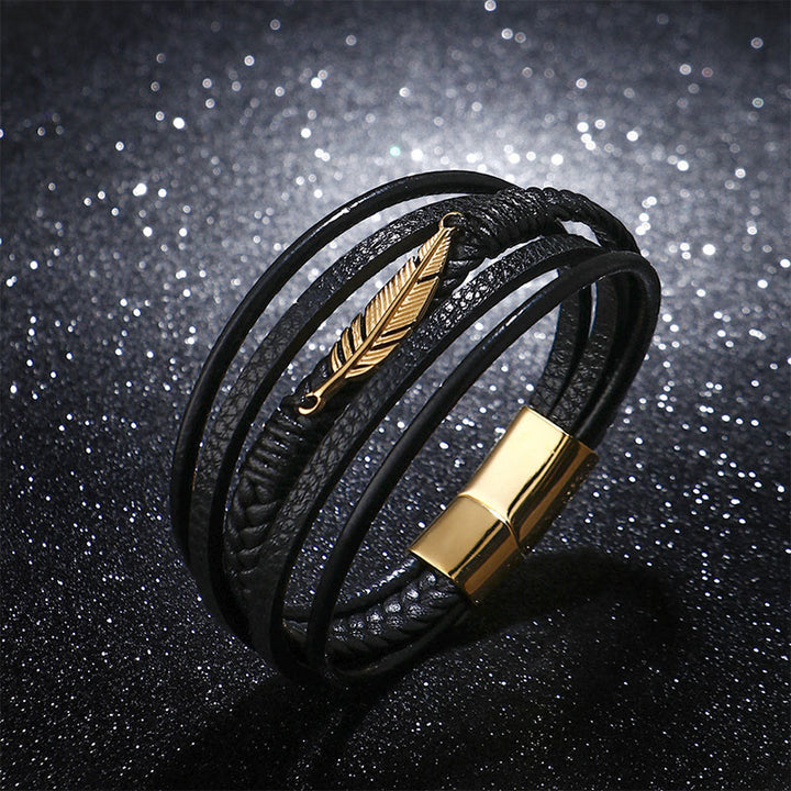 Pulsera con hebilla magnética trenzada de acero titanio y cuero multicapa con diseño de plumas de Buddha Stones
