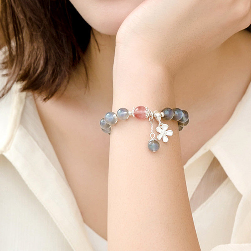 Pulsera con dijes curativos de flores de cuarzo fresa, piedra lunar, Buddha Stones