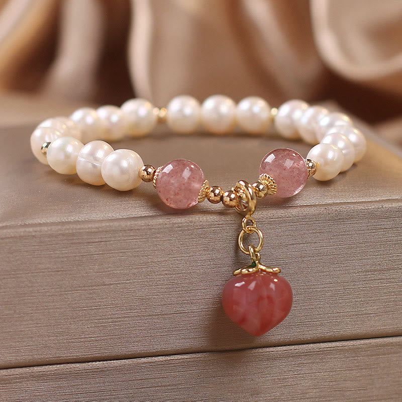 Pulsera con dije de sabiduría de corazón de amor de melocotón de cuarzo de fresa de perlas naturales de Buddha Stones