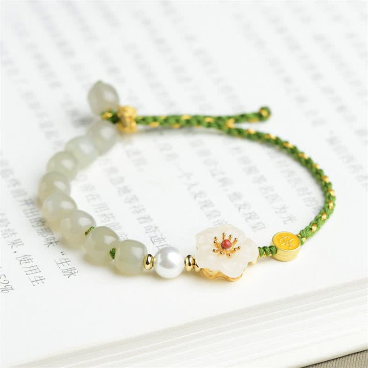 Pulsera de la suerte de flor de melocotón de jade hetiano natural de plata de ley 925