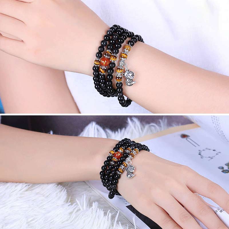 Pulsera de Mala de la fortuna con ojo de tigre de obsidiana negra con 108 cuentas del zodiaco chino