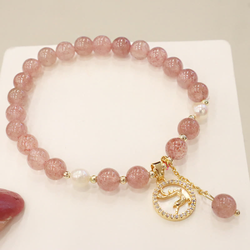 Pulsera curativa con dije de personaje Fu de cola de pez con cara sonriente de alce y perlas de cuarzo fresa con Buddha Stones